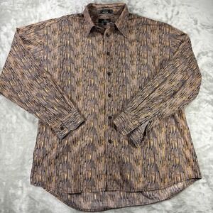Enro Mens Large Gold Grey Abstract Geometric‎ Print Cotton Long Sleeve Button